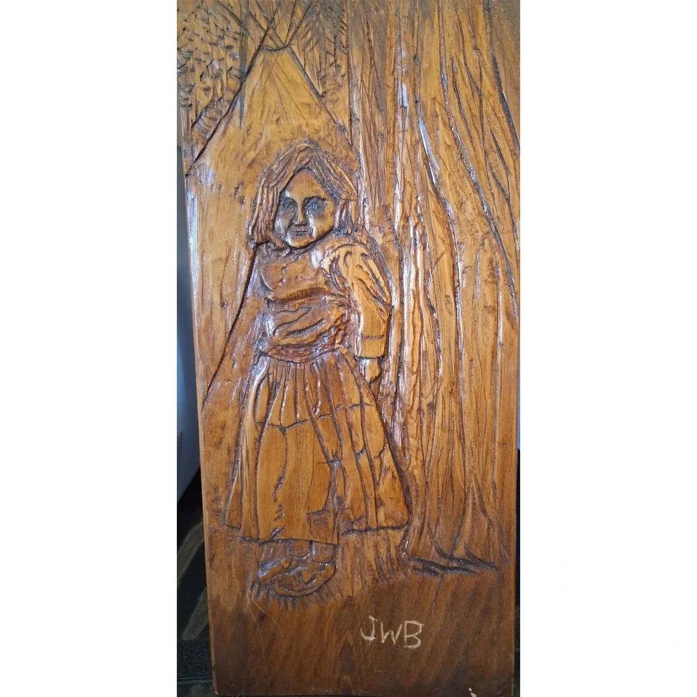 Vintage JWB Hand Carved Wood Relief Plaque Folk Art Girl in Forest 16 Inch